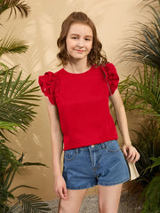 TEEN GIRLS' FITTED KNIT TOP WITH ROUND NECK AND RUFFLE TRIM DETAIL
