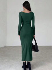 WOMEN'S STAND COLLAR LONG SLEEVE PLEATED DRESS