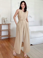 WOMEN SOLID SLEEVELESS TOP AND WIDE LEG PANTS