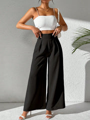 Women Wide Leg Casual Pants With Textured Solid Color Fabric
