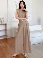 WOMEN SOLID SLEEVELESS TOP AND WIDE LEG PANTS