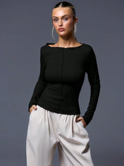 CASUAL RIBBED SLASH NECK LONG SLEEVE TOP & BOTTOM