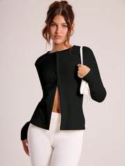 RIBBED BUTTON THROUGH LONG SLEEVE CREW NECK TOP & LEGGING SET
