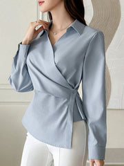 WOMEN'S CASUAL SOLID COLOR LONG SLEEVE WRAP BLOUSE