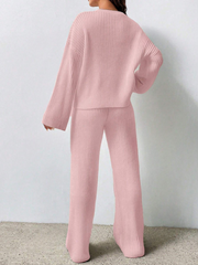 SOLID COLOR DROP SHOULDER SWEATER AND KNITTED WIDE LEG PANTS
