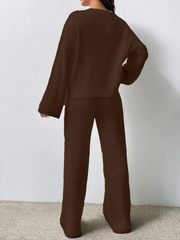 SOLID COLOR DROP SHOULDER SWEATER AND KNITTED WIDE LEG PANTS