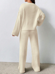 SOLID COLOR DROP SHOULDER SWEATER AND KNITTED WIDE LEG PANTS