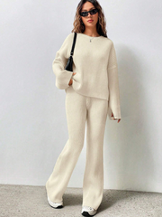SOLID COLOR DROP SHOULDER SWEATER AND KNITTED WIDE LEG PANTS