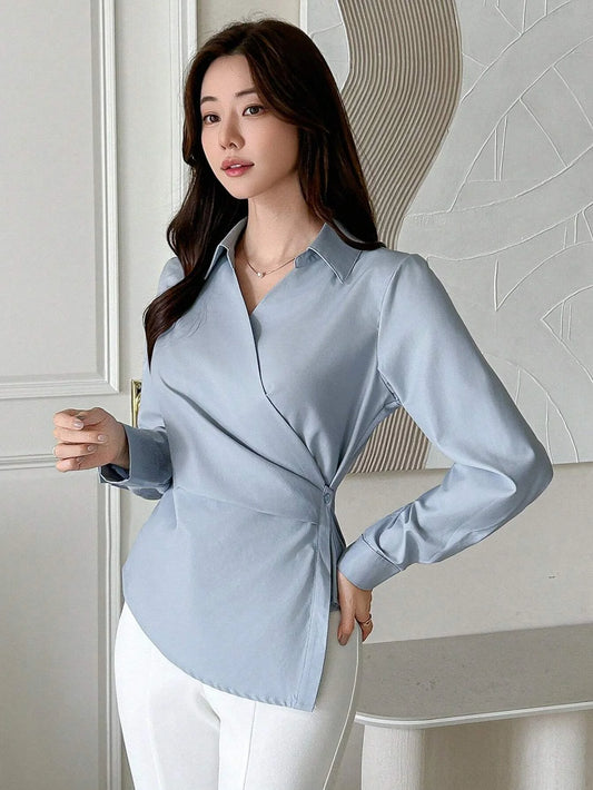 WOMEN'S CASUAL SOLID COLOR LONG SLEEVE WRAP BLOUSE