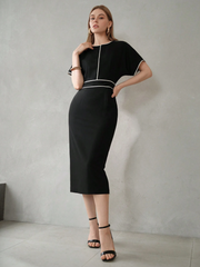 CONTRAST PIPING BATWING SLEEVE DRESS