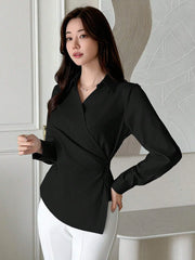 WOMEN'S CASUAL SOLID COLOR LONG SLEEVE WRAP BLOUSE