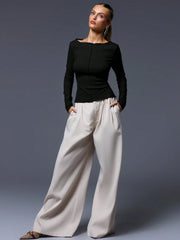 CASUAL RIBBED SLASH NECK LONG SLEEVE TOP & BOTTOM