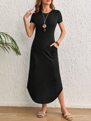 SOLID CURVED HEM SHORT SLEEVE POCKET DRESS MAXI WOMEN OUTFIT