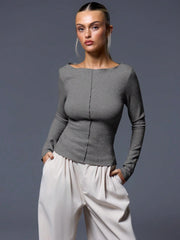 CASUAL RIBBED SLASH NECK LONG SLEEVE TOP & BOTTOM