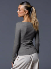 CASUAL RIBBED SLASH NECK LONG SLEEVE TOP & BOTTOM