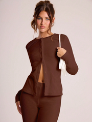 RIBBED BUTTON THROUGH LONG SLEEVE CREW NECK TOP & LEGGING SET