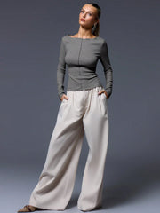 CASUAL RIBBED SLASH NECK LONG SLEEVE TOP & BOTTOM