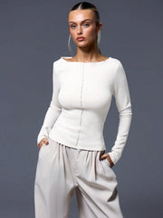 CASUAL RIBBED SLASH NECK LONG SLEEVE TOP & BOTTOM