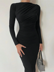 WOMEN'S STAND COLLAR LONG SLEEVE PLEATED DRESS