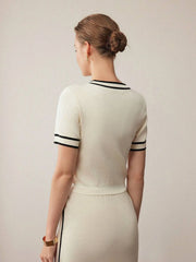 PREMIUM CONTRAST TRIM SHORT SLEEVE KNIT TOP