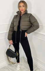 PADDED CROP PUFFER JACKET- OLIVE GREEN