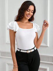 SOLID COLOR SQUARE NECK SHORT SLEEVE CASUAL TOP