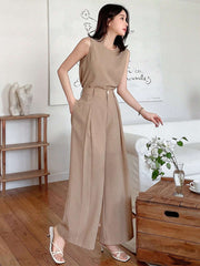 WOMEN SOLID SLEEVELESS TOP AND WIDE LEG PANTS