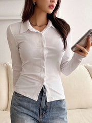 RIBBED KNIT BUTTON FRONT TEE