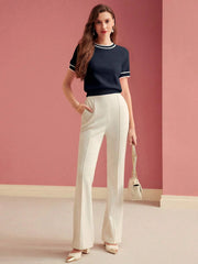 PREMIUM CONTRAST TRIM SHORT SLEEVE KNIT TOP