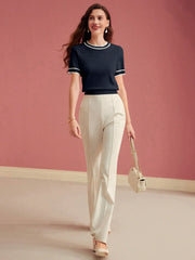PREMIUM CONTRAST TRIM SHORT SLEEVE KNIT TOP