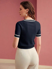 PREMIUM CONTRAST TRIM SHORT SLEEVE KNIT TOP