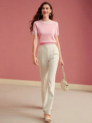 PREMIUM CONTRAST TRIM SHORT SLEEVE KNIT TOP