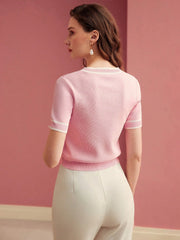 PREMIUM CONTRAST TRIM SHORT SLEEVE KNIT TOP