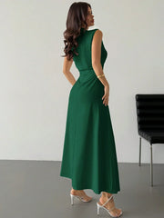 ELEGANT RUCHED STAND COLLAR SLEEVELESS A-LINE MAXI DRESS
