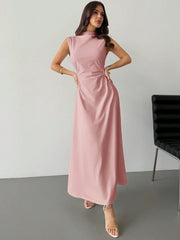 ELEGANT RUCHED STAND COLLAR SLEEVELESS A-LINE MAXI DRESS