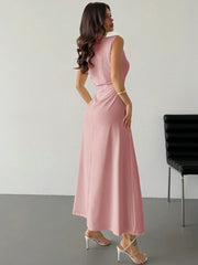 ELEGANT RUCHED STAND COLLAR SLEEVELESS A-LINE MAXI DRESS