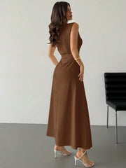 ELEGANT RUCHED STAND COLLAR SLEEVELESS A-LINE MAXI DRESS