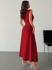 ELEGANT RUCHED STAND COLLAR SLEEVELESS A-LINE MAXI DRESS