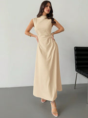 ELEGANT RUCHED STAND COLLAR SLEEVELESS A-LINE MAXI DRESS