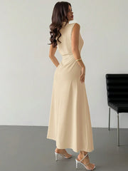 ELEGANT RUCHED STAND COLLAR SLEEVELESS A-LINE MAXI DRESS