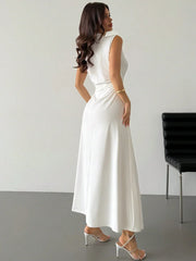 ELEGANT RUCHED STAND COLLAR SLEEVELESS A-LINE MAXI DRESS