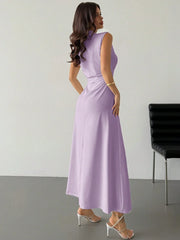 ELEGANT RUCHED STAND COLLAR SLEEVELESS A-LINE MAXI DRESS