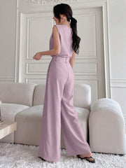 WOMEN SOLID SLEEVELESS TOP AND WIDE LEG PANTS
