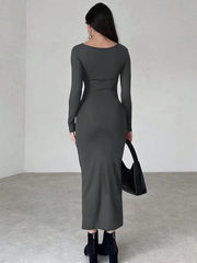 WOMEN'S STAND COLLAR LONG SLEEVE PLEATED DRESS