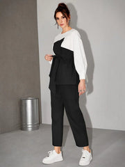 Women's Two Tone Belted Top & Pants 2 Piece Set
