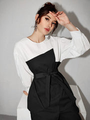 Women's Two Tone Belted Top & Pants 2 Piece Set