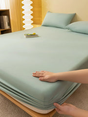 1pc Solid Color Fitted Sheet, Minimalist Fabric Fitted Sheet For Home, All Season