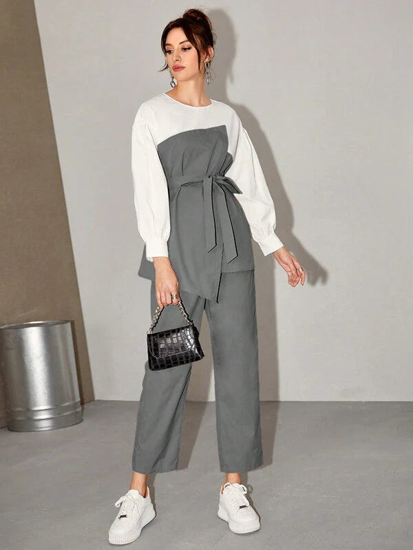 Women's Two Tone Belted Top & Pants 2 Piece Set