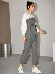 Women's Two Tone Belted Top & Pants 2 Piece Set