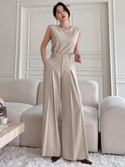 WOMEN SOLID SLEEVELESS TOP AND WIDE LEG PANTS
